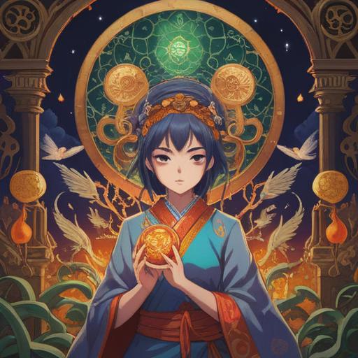 A spiritual illustration depicting individuals driven by self-interest, contrasting emotions of greed and generosity, symbolic imagery representing karma and balance, ethereal background, mystical elements, warm and cool tones, thoughtful expressions, 4k