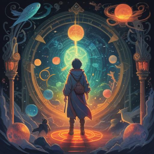 A thoughtful illustration of a person surrounded by symbolic spiritual signs, mystical light emanating from celestial objects, ethereal aura of intuition, scales of balance representing gain and loss, moments of reflection in nature, serene atmosphere, spiritual awakening, vibrant colors, guiding elements, clarity of purpose, 4k
