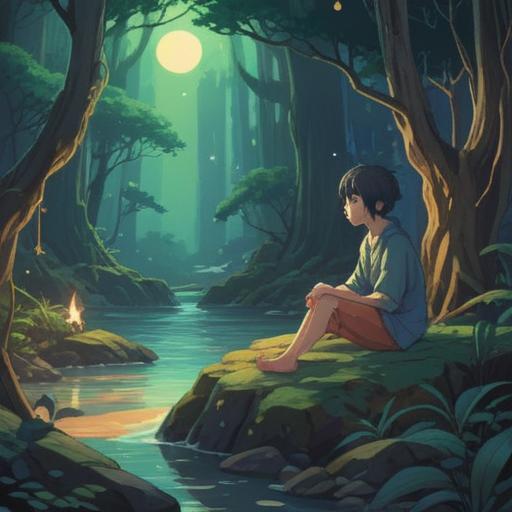 A lucky stone in a serene natural setting, vibrant colors, the stone glowing softly, a person sitting nearby with a contemplative expression, surrounded by lush greenery, depicting a sense of openness and connection, enchanting atmosphere, symbolic representation of trust and sincerity, 4k