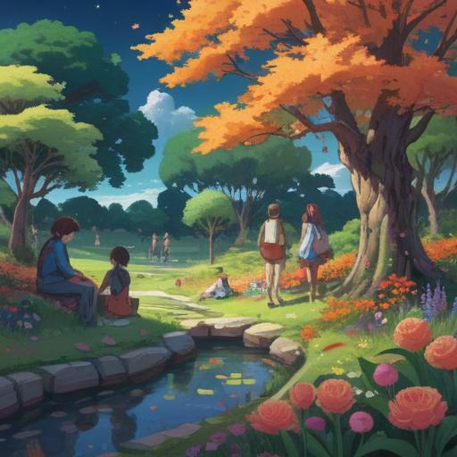 A serene landscape illustration, a tranquil park with people gathering, diverse groups engaged in discussions, nature elements like blooming flowers and sprawling trees, a sense of community and connection, gentle sunlight filtering through the leaves, peaceful ambiance, 4k