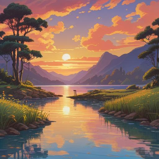 A serene and contemplative scene depicting a tranquil sunset at a peaceful lakeside, soft golden hues reflecting on the water, gentle ripples symbolizing life's flow, a figure meditating on the shore, surrounded by nature, ethereal light representing spiritual signs, a sense of calm and acceptance, profound connection to the universe, 4k