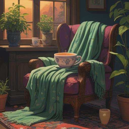 A serene still life composition featuring calming objects such as a cup of herbal tea, a soft blanket draped over a cozy chair, tranquil candles casting gentle light, a small indoor plant, and an open book with a peaceful scene depicted on the pages, warm and inviting atmosphere, subtle textures, 4k