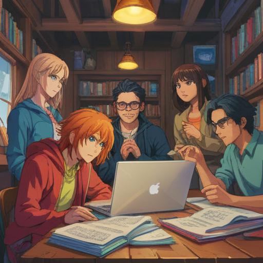 A vibrant digital illustration depicting a group of diverse individuals engaged in a lively discussion around a large table filled with papers and laptops, representing collaboration and teamwork, notes and charts scattered across the table, warm lighting creating an inviting atmosphere, a sense of focus and camaraderie, modern office setting, 4k