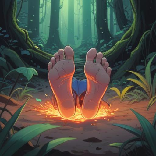 A serene and peaceful illustration depicting the soles of a person's feet resting on natural ground, a soft glow surrounding the feet, symbols of healing and spirituality emerging from the ground, gentle breeze rustling nearby plants, warm sunlight filtering through the trees, vibrant colors representing positive energy, harmonious atmosphere, 4k