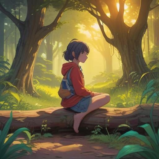 A serene and contemplative scene depicting a person sitting cross-legged on a peaceful nature trail, gentle sunlight filtering through the trees, a look of mindfulness on their face, focus on their bare feet resting on the ground, symbolic elements representing spiritual awakening, soft earth tones, subtle signs of energy flowing around, 4k