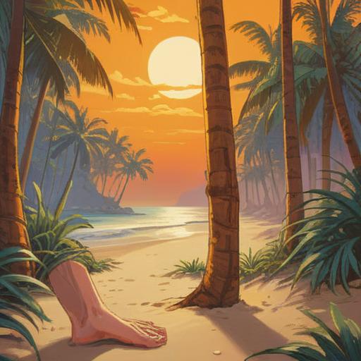 A mystical illustration of bare feet resting on warm sand, golden sunlight filtering through palm trees, embodying spiritual awakening, intricate patterns glowing around the feet, a serene beach setting, gentle waves lapping at the shore, a sense of calm and tranquility, 4k