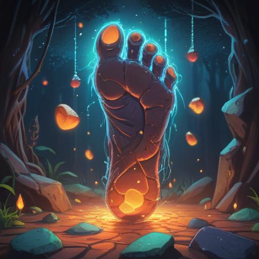 A close-up illustration of a foot with glowing soles, warm light emanating from the bottom, surrounded by sparkling luck stones, mystical energy radiating, detailed texture of the foot, inviting and vibrant colors, enchanting atmosphere, softly blurred background, 4k