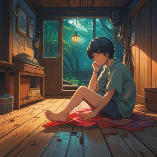 A contemplative scene depicting a person sitting on a wooden floor, barefoot, with their feet resting on a warm surface, deep in thought about the significance of warmth in their soles, soft sunlight streaming through a window, creating shadows, a journal and pen next to them, symbolizing introspection, serene ambiance, warm color palette, inviting atmosphere, 4k