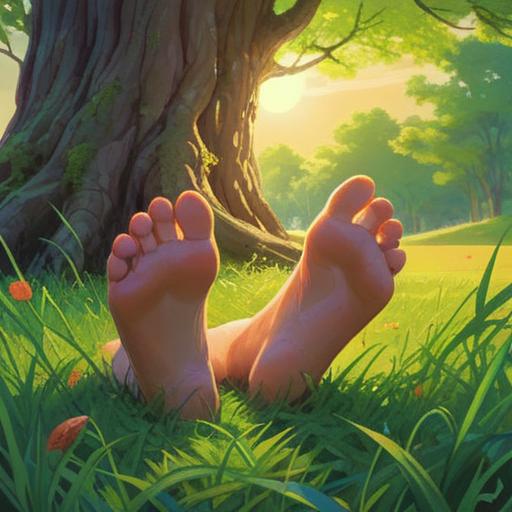 A serene and contemplative scene depicting the soles of a person's feet resting on soft grass, gentle sunlight filtering through trees, symbolic elements such as chakras and healing crystals surrounding the feet, ethereal glow suggesting spiritual awakening, calming colors, peaceful ambiance, 4k