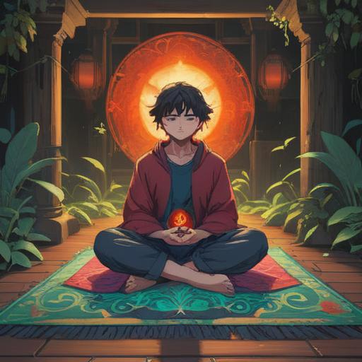 A serene and introspective scene depicting a person sitting cross-legged on a comfortable mat, with their eyes closed, deep in meditation, soft light illuminating their face, subtle energy waves represented around their feet, symbolic representations of chakras and spiritual signs floating gently, an inviting indoor environment filled with plants and calming colors, mindfulness and healing theme, 4k