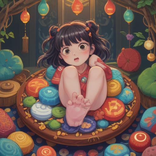 A soothing illustration of a lucky charm for relieving foot pain, featuring a cute, stylized foot resting on a colorful cushion, surrounded by symbols of good luck like four-leaf clovers and horseshoes, gentle pastel colors, calming atmosphere, detailed textures representing comfort, serene and inviting environment, 4k