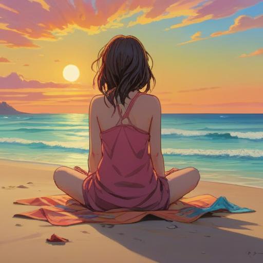 A serene and contemplative scene, a person sitting cross-legged on a beach at sunset, gazing thoughtfully at the ocean, bare feet in sand, subtle glow around their feet, symbolizing spiritual awakening, soft waves lapping at the shore, vibrant twilight colors, ethereal atmosphere, a sense of calm and introspection, peaceful mind, harmonious connection to nature, 4k