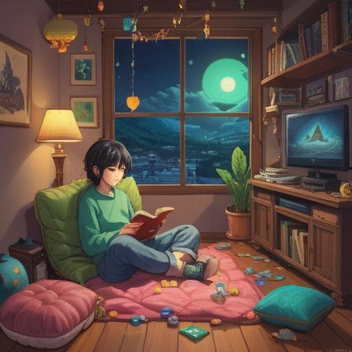 A serene illustration of a cozy home setting, a pair of feet resting on a soft cushion, a collection of lucky charms including a four-leaf clover, a horseshoe, and a crystal, gentle sunlight filtering through the window, creating a warm atmosphere, therapeutic elements like essential oils and soothing stones in the background, tranquil and comforting vibe, 4k