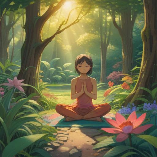A serene morning scene depicting a person practicing yoga in a tranquil garden, sunlight filtering through the trees, gentle breeze rustling the leaves, a sense of calm and balance, vibrant plants and flowers surrounding, mindfulness and self-care theme, harmonious atmosphere, encouraging a holistic lifestyle, 4k
