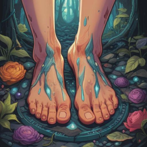 A mystical illustration depicting the spiritual significance of calluses on the soles of the feet, symbolic representation of growth and healing, serene environment, flowing energy patterns, vibrant colors, detailed texture showing the feet and calluses, ethereal light surrounding the figure, calming and reflective mood, 4k