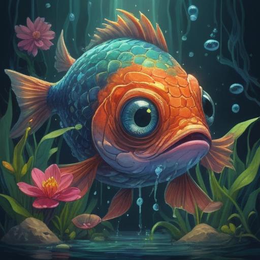 A spiritual illustration featuring an eye of a fish, vibrant colors, mystical ambiance, shimmering water reflections, intricate scales and textures, surrounded by symbols of good fortune, ethereal light, harmonious nature elements, serene atmosphere, 4k