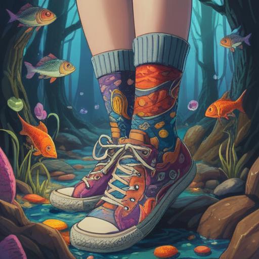 A whimsical illustration of lucky socks featuring a close-up of a foot sole with a fish-eye, colorful patterns on the socks, vibrant and playful designs, a sense of charm and good fortune, cozy home setting, lighthearted atmosphere, detailed texture of the socks, bright colors, 4k