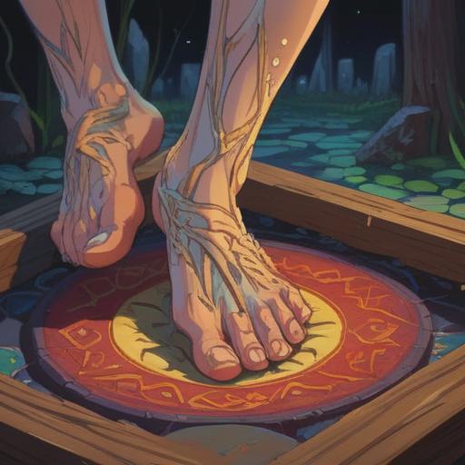 A close-up of a person's foot sole, showing intricate patterns and textures of calluses, soft light illuminating the foot, ethereal symbols and subtle energy flow around, representation of spiritual meanings and connections, serene atmosphere, nature elements in the background, vibrant colors, harmonious and calming energy, 4k