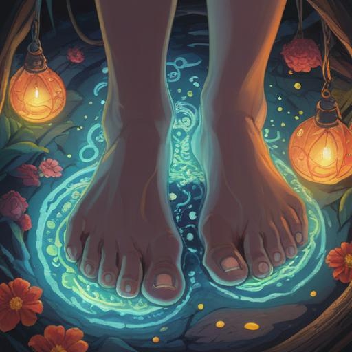 A close-up of the soles of feet with visible calluses, surrounded by ethereal light, symbolic of spiritual awakening, gentle aura and soft glow, nature-inspired elements like leaves and crystals, serene background with a calming presence, intricate details emphasizing texture and spirituality, 4k