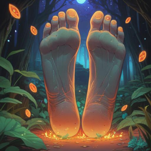 A mystical scene depicting the moment when calluses appear on the soles of the feet, subtle spiritual symbols surrounding the feet, ethereal light illuminating the calluses, serene and introspective atmosphere, nature elements intertwined, such as soft grass and flowers, hinting at connection to earth and grounding, vibrant colors reflecting energy flow, balance between body and spirit, 4k