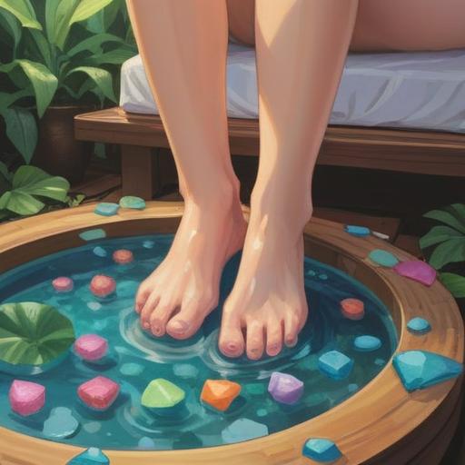 A serene spa setting highlighting foot care, featuring a pair of feet with soft, smooth soles surrounded by healing crystals, sunlight streaming through a window, lush green plants in the background, a tranquil ambiance, intricate details of the crystals glowing softly, 4k