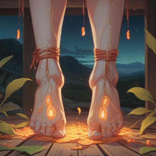 A symbolic illustration of injured soles representing spiritual significance, depicting the connection between body and soul, warm light illuminating the feet, elements of healing energy around, intricate details reflecting the journey of recovery, spiritual motifs intertwined with nature, serene atmosphere, vibrant colors, 4k