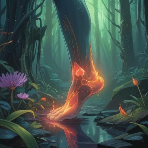 A mystical scene depicting the spiritual significance of foot injuries, ethereal light surrounding the injured foot, symbols of healing and protection, a serene setting with nature elements, vibrant colors reflecting positive energy, detailed depiction of the foot showing subtle signs of injury, a sense of renewal and transformation, emphasizing the connection between body and spirit, enchanting atmosphere, soft focus, 4k