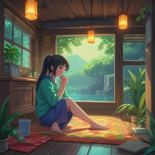 A serene scene depicting a person taking a moment to care for their feet, soft lighting, therapeutic ambiance, soothing nature background, gentle breeze, healing herbs and plants surrounding them, emphasizing relaxation and comfort, detailed textures on the feet, 4k