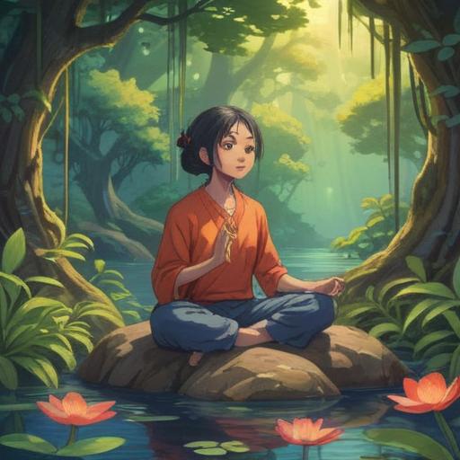 A serene and peaceful illustration of self-care practices, depicting a person meditating in a tranquil setting, surrounded by nature, with soothing elements like candles and plants, gentle light filtering through trees, soft colors, calming atmosphere, emphasizing mental and physical well-being, 4k