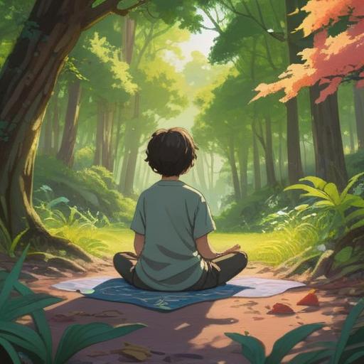 A serene landscape showcasing a person meditating in nature, soft sunlight filtering through the trees, gentle breeze rustling leaves, feet touching the cool grass, a sense of tingling energy emanating from the feet, vibrant colors symbolizing spiritual awakening, peaceful expression, harmonious atmosphere, 4k