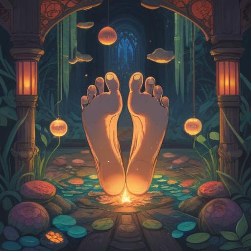 A serene and mystical illustration depicting the soles of feet gently glowing with ethereal light, surrounded by symbols of spirituality and good fortune, vibrant nature elements like flowers and butterflies, a calm and peaceful aura, soft pastel colors, representing healing and positive energy, 4k