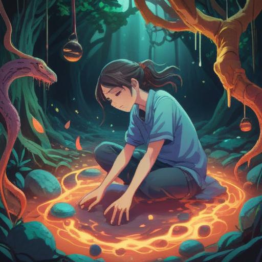 A serene and mystical illustration depicting a person experiencing cramps in their feet, surrounded by ethereal symbols representing spiritual signs, gentle light illuminating the scene, tranquil expressions, a calming environment, soft color palette, intricate detailing on the floor, emphasizing connection to nature, harmonious energy flow, 4k