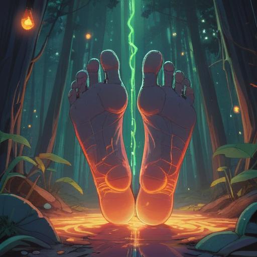 A mystical illustration depicting the soles of feet glowing with vibrant energy, ethereal light emanating from the feet, symbols of spiritual significance surrounding them, serene environment with nature elements like trees and flowers, a sense of awakening and awareness, gentle colors and soft textures, a spiritual guide observing nearby, 4k