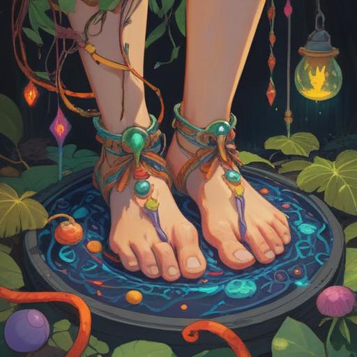 A whimsical illustration of a lucky item when feet tingle, vibrant colors, sparkling effects around a charm, a pair of bare feet resting on a cozy rug, a feeling of warmth and fortune, surrounding symbols of luck like four-leaf clovers and horseshoes, enchanting atmosphere, inviting and cheerful vibes, 4k