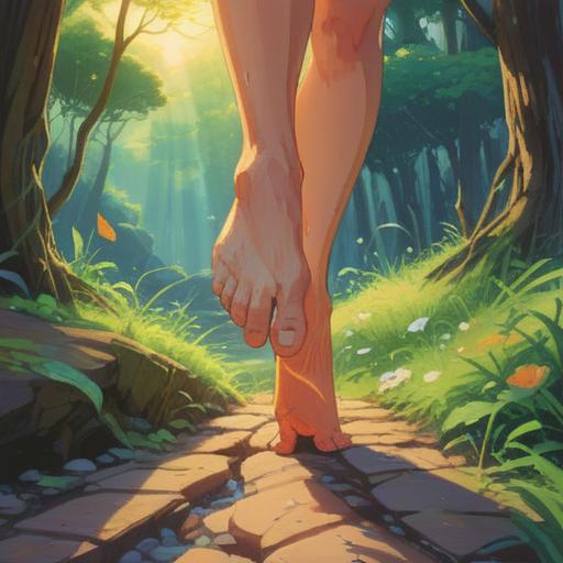 A close-up of rough, calloused feet on a natural landscape, symbolizing spiritual growth and resilience, sunlight filtering through trees, vibrant colors representing positive energy, serene atmosphere, subtle elements of nature indicating healing, 4k