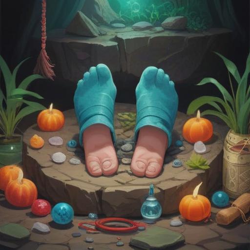 A tranquil still life composition featuring a pair of well-worn feet resting on a smooth stone surface, surrounded by various spiritual lucky items such as crystals, incense holders, and small plants, soft natural lighting highlighting the textures, a serene and healing atmosphere, emphasis on self-care and wellness, 4k