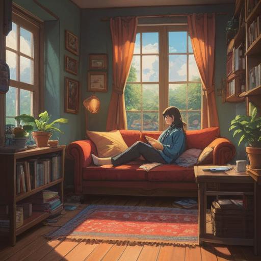 A cozy interior scene, a person relaxing on a comfortable sofa, feet resting on a soft rug, sunlight streaming through a window, surrounded by plants, essential oils on a table, warm colors, minimalist decor, serene atmosphere, emphasis on foot comfort, 4k