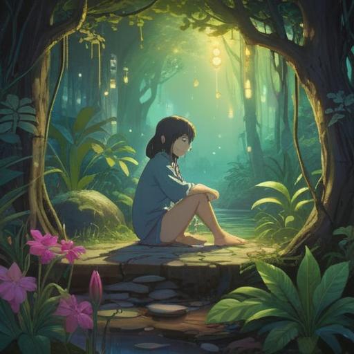 A serene and meditative scene depicting a person with a sprained ankle, surrounded by a soft ethereal glow, symbolic plants representing healing and spirituality, gentle water flowing in the background, calming colors, subtle light rays breaking through the trees, mystical aura, emphasizing mindfulness and self-care, 4k