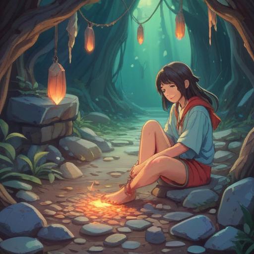 A serene illustration of a person recovering from an ankle sprain, surrounded by lucky stones symbolizing healing and wellness, gentle light illuminating the stones, a calming atmosphere in a cozy room, soft textures and warm colors, an inspiring sense of hope and renewal, nature elements in the background, 4k