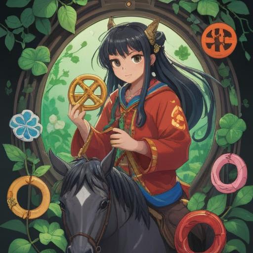 A serene scene depicting a person holding a lucky charm, surrounded by symbols of fortune like four-leaf clovers and horseshoes, serene nature background, gentle sunlight filtering through trees, soft and inviting atmosphere, harmonious colors, capturing the essence of attracting good luck, the character showing a contemplative expression, 4k