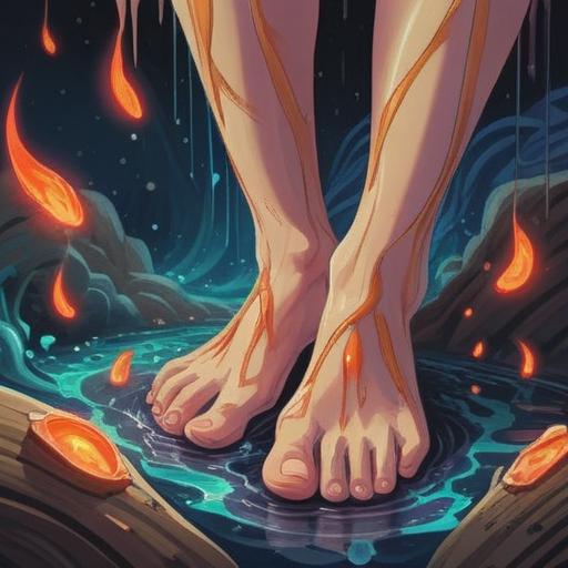 A spiritual illustration depicting the pain in the soles of feet, symbolic representation of emotional imbalance, vibrant energy flowing from the feet, connection to earth and grounding, visual metaphors of stress and release, serene environment, gentle light illuminating the scene, abstract elements reflecting healing and restoration, 4k