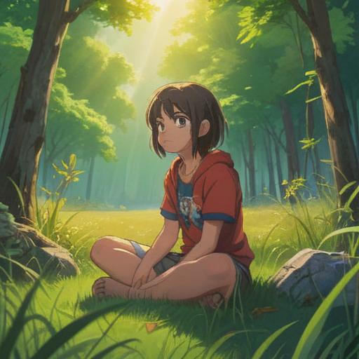 A serene and contemplative scene depicting a person sitting cross-legged on a soft grassy field, sunlight filtering through lush trees, a gentle breeze blowing, the ground illuminated with a golden hue, representing healing energies, vibrant aura surrounding the individual, symbolic representation of pain transforming into grace, peaceful expression on their face, lush nature backdrop, harmonious atmosphere, 4k