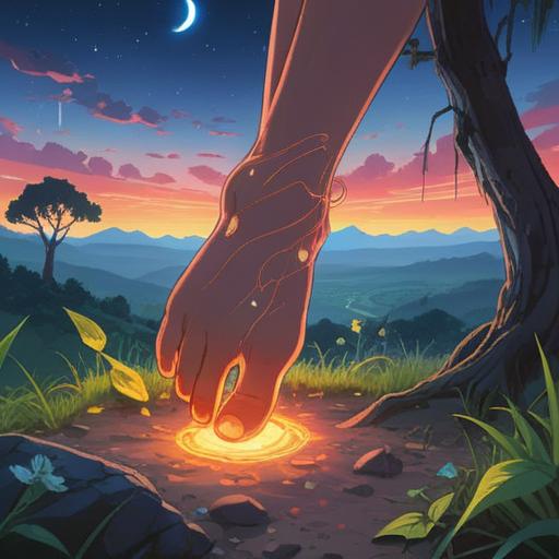 A thought-provoking illustration depicting a human foot with glowing symbols beneath it, surrounded by ethereal light, a serene landscape in the background, soft and inviting colors, a sense of tranquility, mystical energy emanating from the foot, clear connection to spiritual awareness, intricate details, 4k