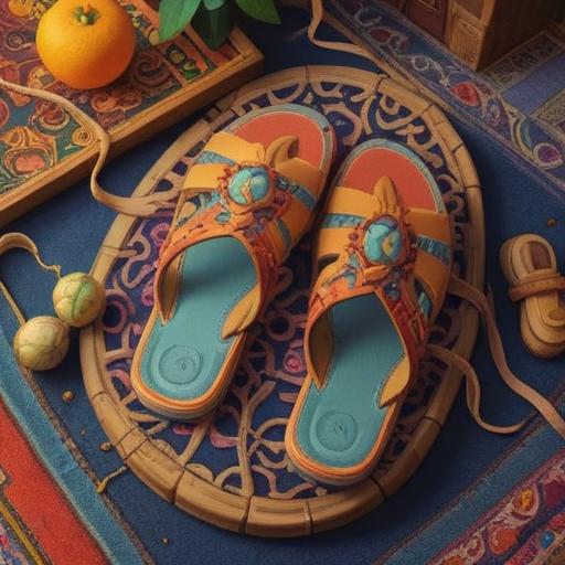 A serene still life featuring a pair of comfortable sandals resting on a soft rug, alongside a vibrant lucky charm symbolizing relief from foot pain, gentle sunlight filtering through a nearby window, calming color palette, inviting atmosphere, focusing on comfort and relaxation, 4k