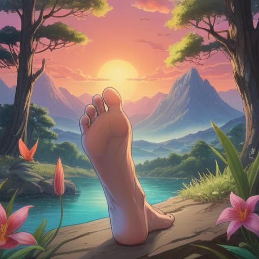 A symbolic representation of spiritual meaning behind foot pain, gentle light illuminating the feet, a serene landscape in the background, ethereal energy emanating from the soles, calm and meditative atmosphere, visual elements representing grounding and balance, 4k