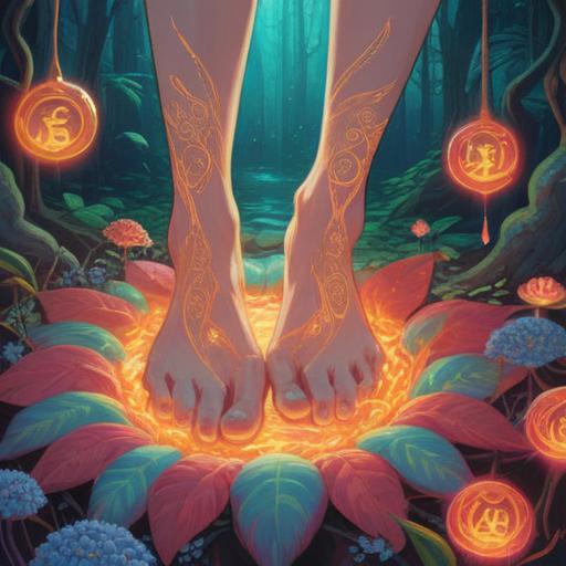 A serene and calming illustration depicting the soles of a foot with gentle light radiating from it, surrounded by ethereal symbols representing spiritual signs, a peaceful background with soft, flowing colors, nature elements like leaves and flowers enhancing the atmosphere, inviting and reflective mood, 4k
