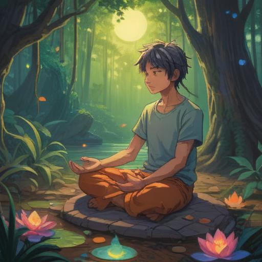 A serene and calming illustration depicting the spiritual meaning of itchy soles, a person meditating with their feet bare and connecting with the earth, gentle energy flowing from the feet, a soft glow surrounding them, nature elements like trees and flowers in the background, peaceful atmosphere, harmonious connection with the universe, symbolic representations of grounding and cleansing, ethereal light, soothing colors, 4k