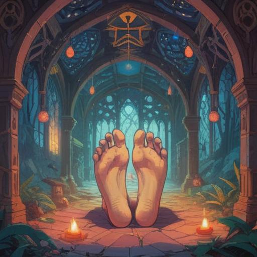 An illustration depicting bare feet with visible itching on the arches, surrounded by ethereal symbols representing spiritual signs, a serene and mystical atmosphere, soft gradients and glowing effects, detailed textures of skin, natural elements like leaves and flowers around, spiritual energy emanating, focus on the arches of the feet, 4k