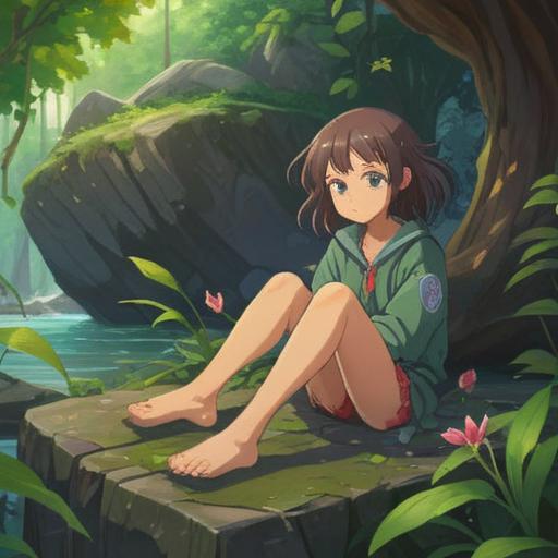 A serene scene featuring a pair of feet resting on a smooth rock, soft sunlight filtering through leaves, a soothing green environment, a close-up of a beautiful lucky stone with vibrant colors, gentle glimmer, symbolizing relief, peaceful expression on the person's face, nature's tranquility, 4k