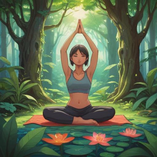 A serene illustration of a person practicing yoga in a tranquil outdoor setting, surrounded by nature, balance between mind and body, peaceful expression, soft sunlight filtering through trees, harmonious colors, gentle breeze, meditative atmosphere, 4k